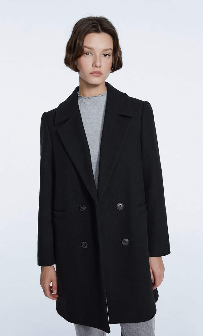 Stradivarius Double-Breasted Buttoned Coat Black L