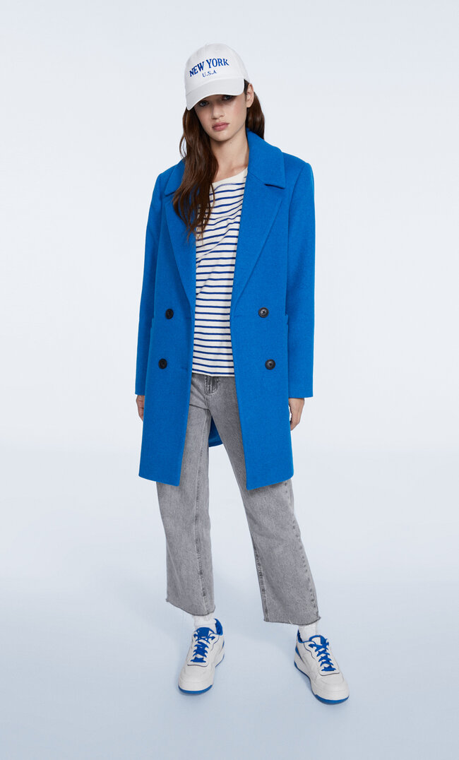 Stradivarius Double-Breasted Buttoned Coat Royal Blue Xs