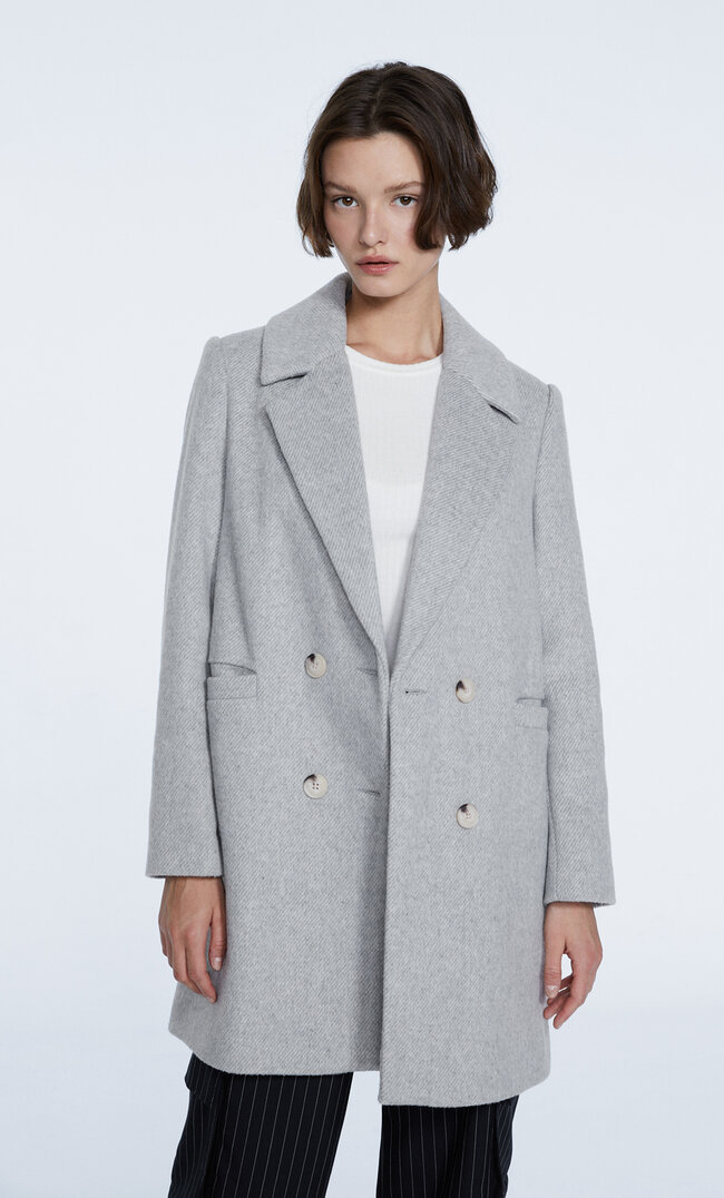 Stradivarius Double-Breasted Buttoned Coat Grey Melange M