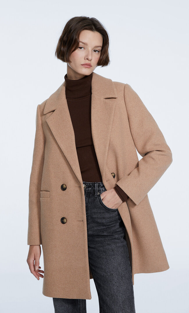 Stradivarius Double-Breasted Buttoned Coat Beige L
