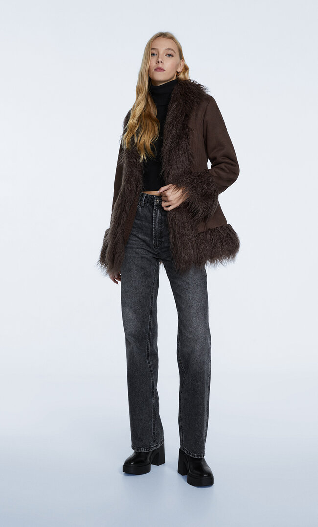 Stradivarius Double-Faced Coat With Faux Fur Brown M