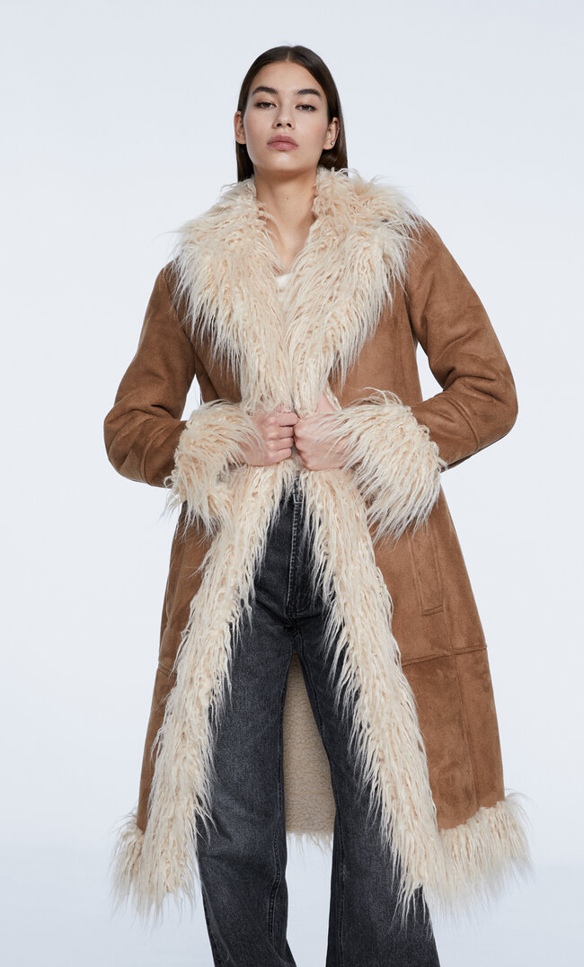 Stradivarius Long Double-Faced Coat Dark Camel S