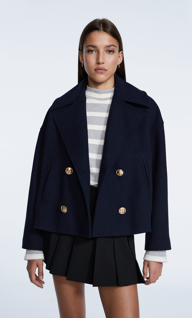 Stradivarius Kurzer Stoffmantel Mit Metallknöpfen Marineblau M
