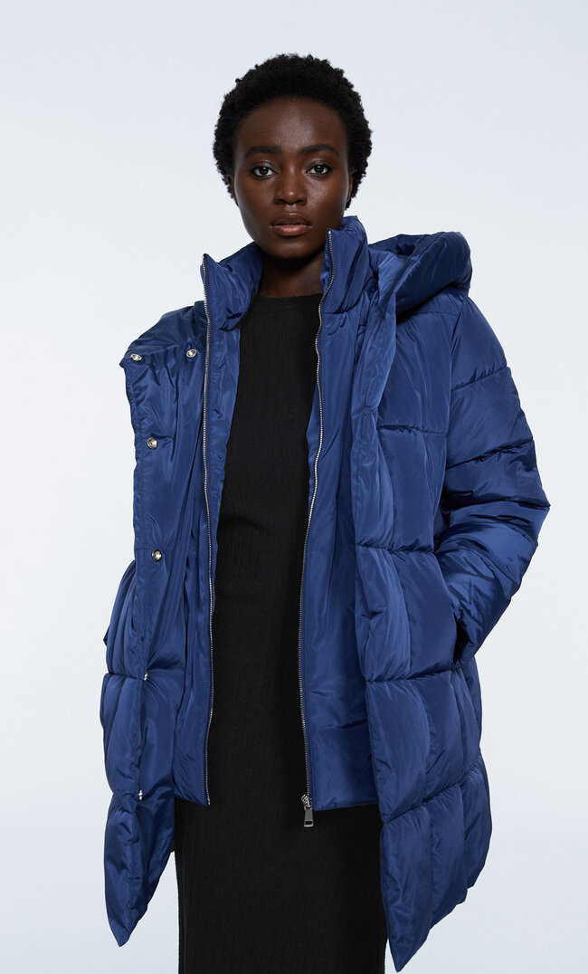 Stradivarius Layered Collar Puffer Coat Navy Blue Xl