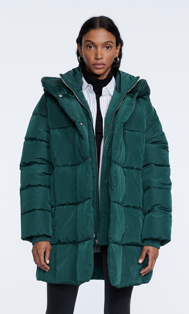 Stradivarius Layered Collar Quilted Coat Bottle Green Xs