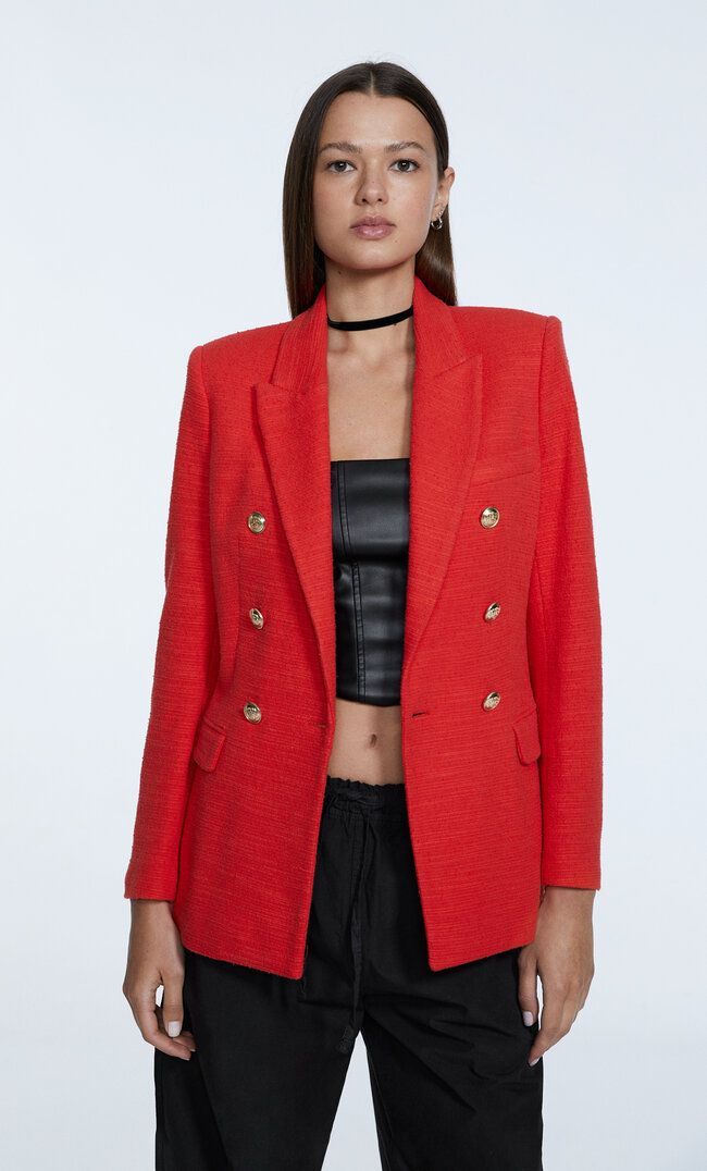 Stradivarius Textured Blazer With Metal Buttons Red S