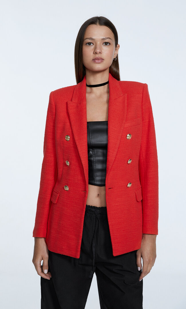 Stradivarius Blazer Mit Strukturmuster Und Metallknöpfen Rot Xs