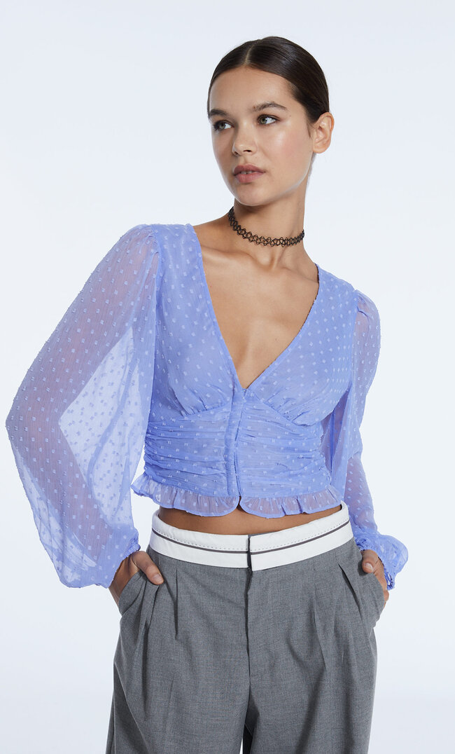 Stradivarius Blouse With Hook-And-Eye Clasps Sky Blue S