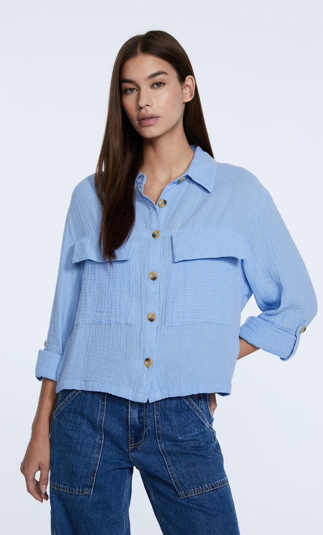 Stradivarius Hemdjacke Aus Mulltuch Himmelblau L