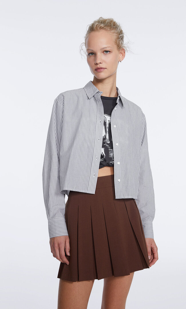 Stradivarius Kurzes Popelinhemd Grau Melange L