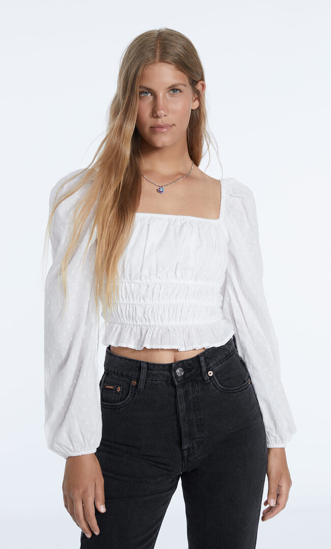 Stradivarius Bluse Mit Gummizügen Und Tupfenrelief Weiß S