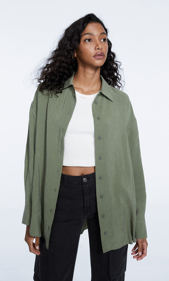 Stradivarius Oversize-Hemd Aus Lyocell Khaki Xl