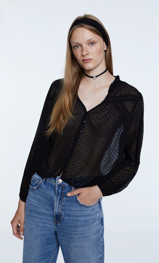 Stradivarius Boho-Bluse Aus Tüll Mit Relief Schwarz M