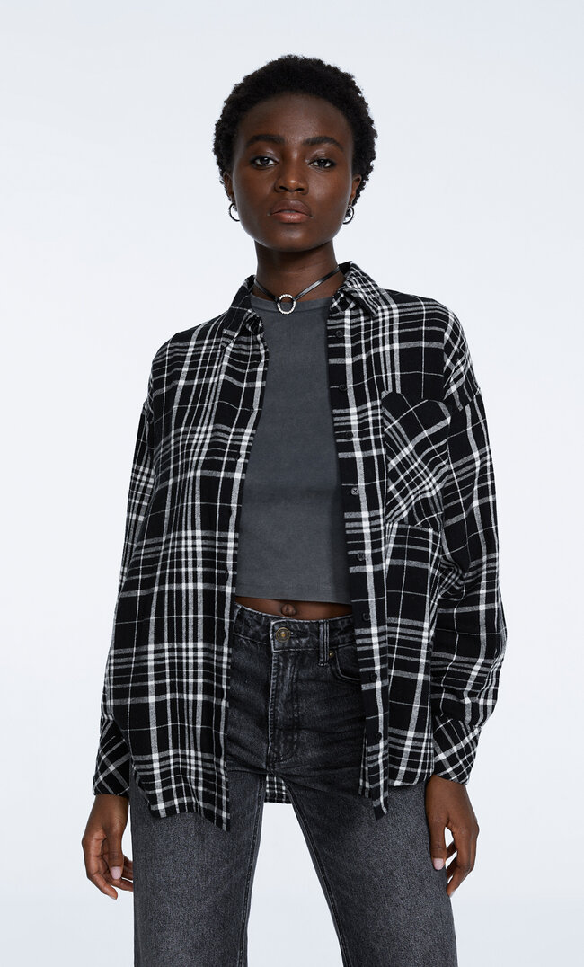 Stradivarius Koszula Oversize W Kratkę Czarny Xl