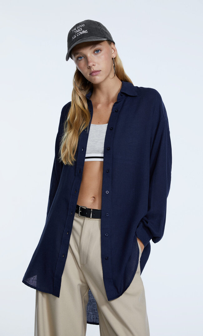 Stradivarius Gebürstetes Oversize-Hemd Marineblau L