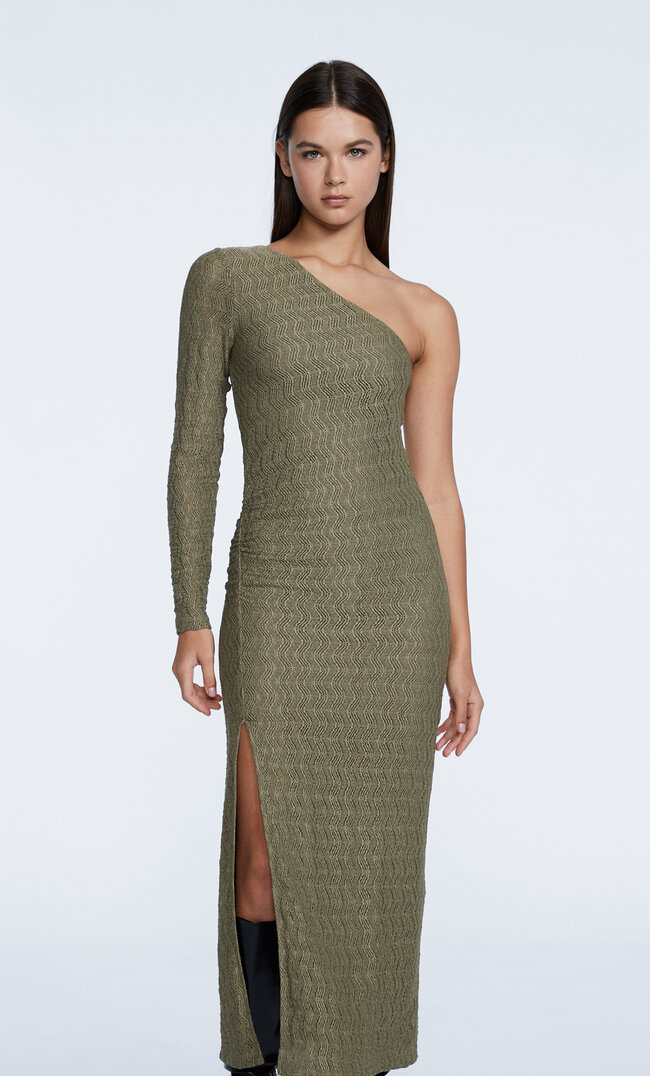 Stradivarius Asymetryczna Koronkowa Sukienka Khaki M