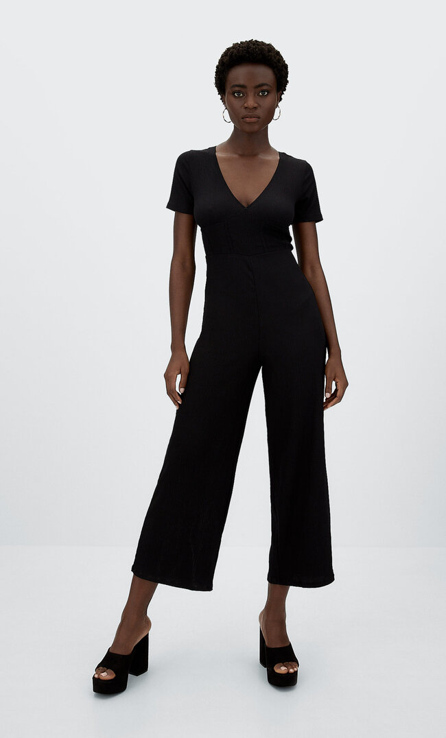 Stradivarius Langer Jumpsuit Mit Corsage Schwarz M