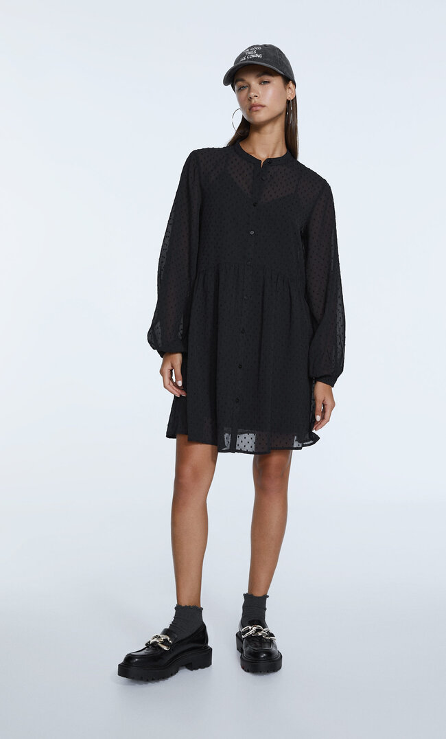 Stradivarius Kurzes Kleid Mit Maokragen Und Print Schwarz L