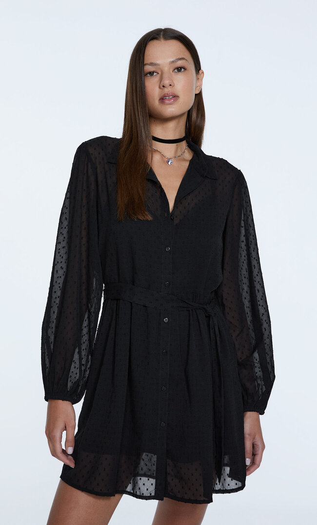 Stradivarius Kurzes Hemdkleid Aus Chiffon Schwarz S