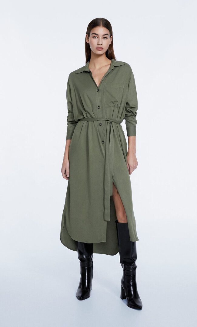 Stradivarius Twill-Hemdkleid In Midilänge Khaki Xs