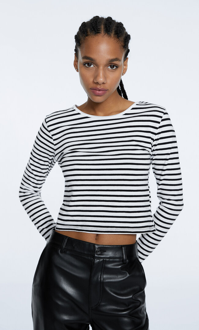 Stradivarius Long Sleeve Striped Cropped T-Shirt Black Xs