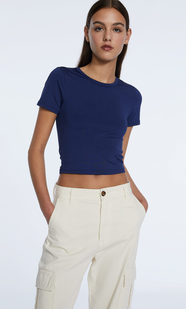 Stradivarius Top Mit Kurzen Ärmeln Aus Polyamid Marineblau Xs