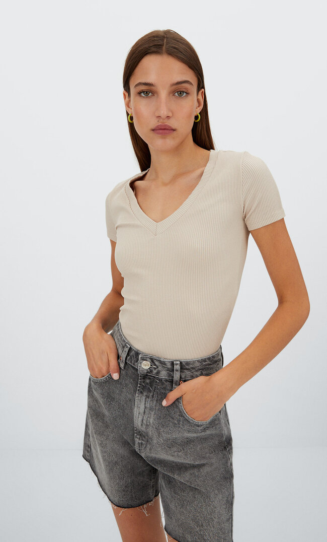 Stradivarius Shirt Mit V-Ausschnitt Steingrau Xl