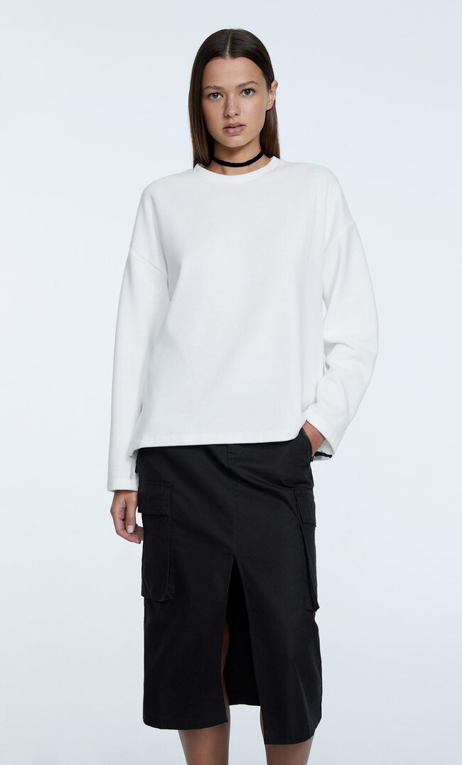 Stradivarius Aufgerautes Shirt Mit Rundhalskragen Ecru S