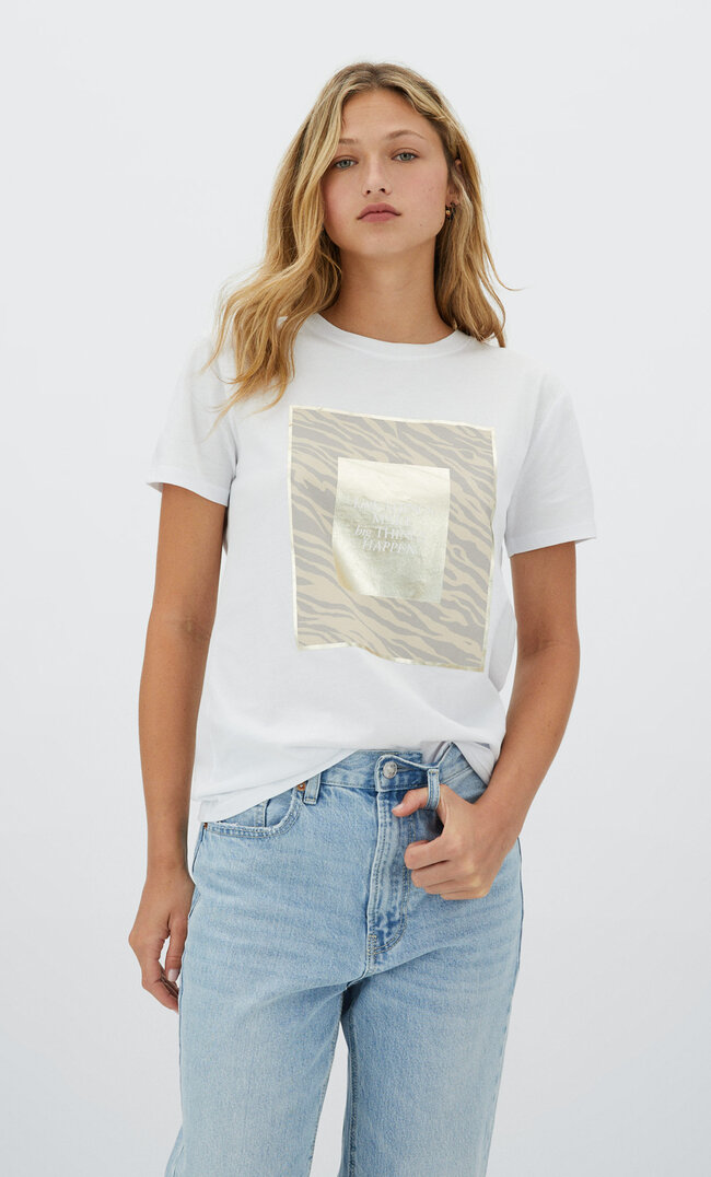 Stradivarius Shirt Mit Folienprint Weiß M