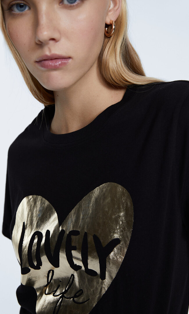 Stradivarius Heart Foil Print T-Shirt Black M