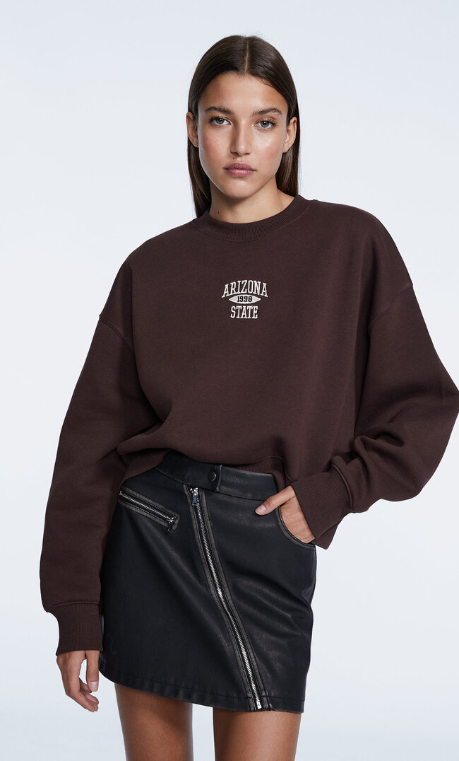 Stradivarius Krótka Haftowana Bluza Brązowy Xs