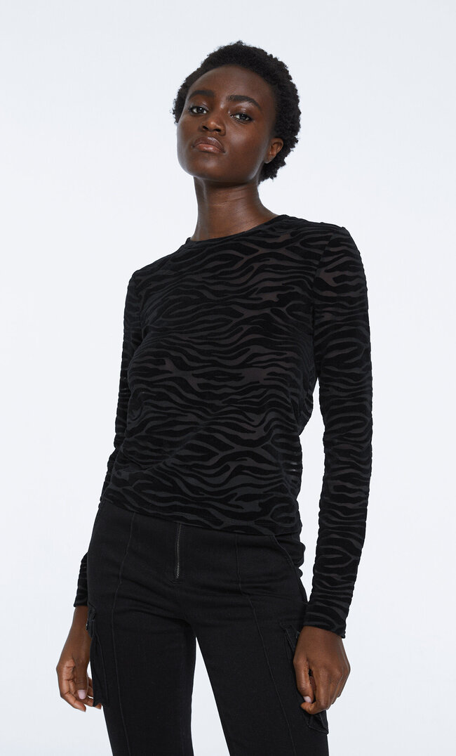 Stradivarius Tüll-Shirt Mit Zebramuster Schwarz M