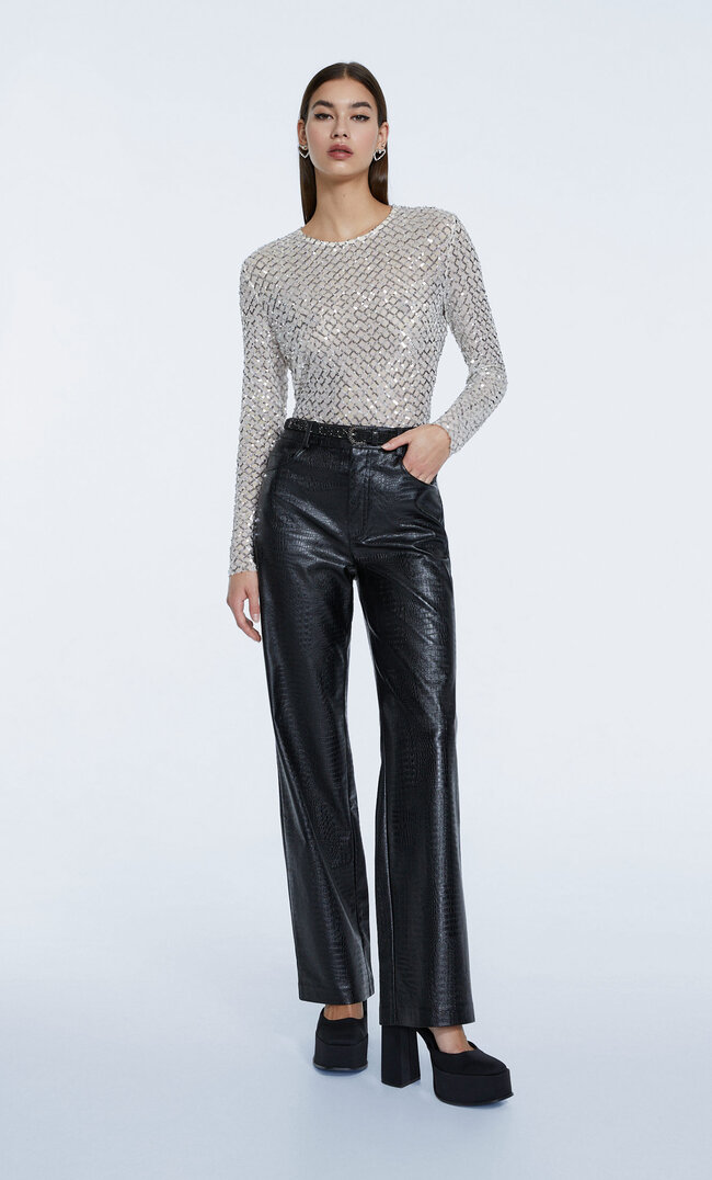 Stradivarius Top With Sequin Design Gray Xs | StyleSearch