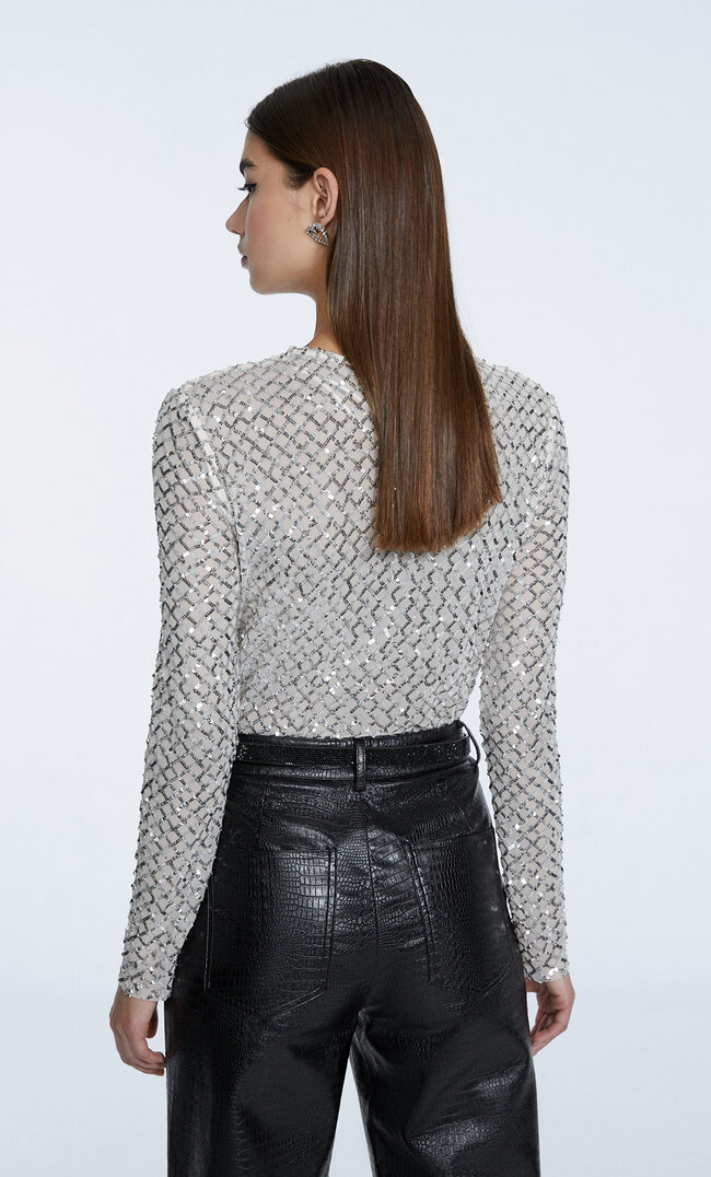 Stradivarius Top With Sequin Design Gray Xs | StyleSearch