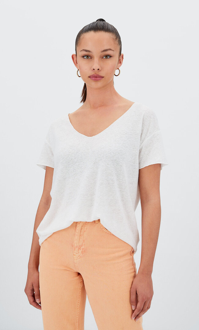 Stradivarius T-Shirt Aus Leinen Weiß Xl