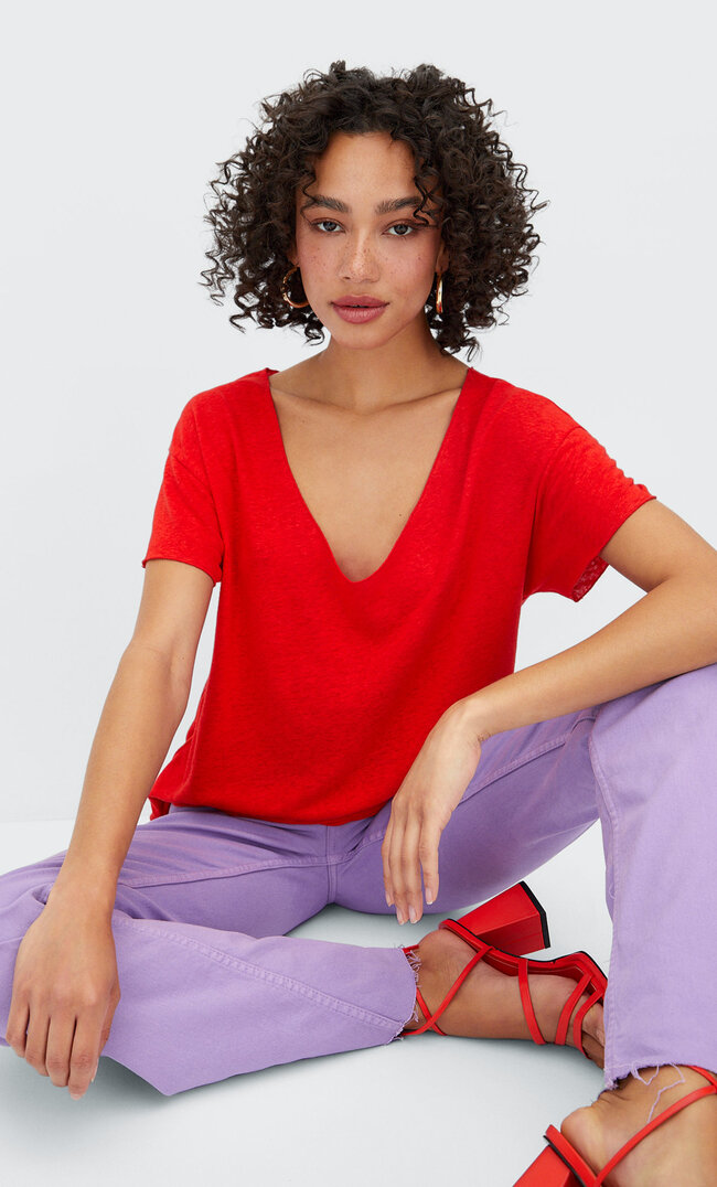 Stradivarius T-Shirt Aus Leinen Rot Xs