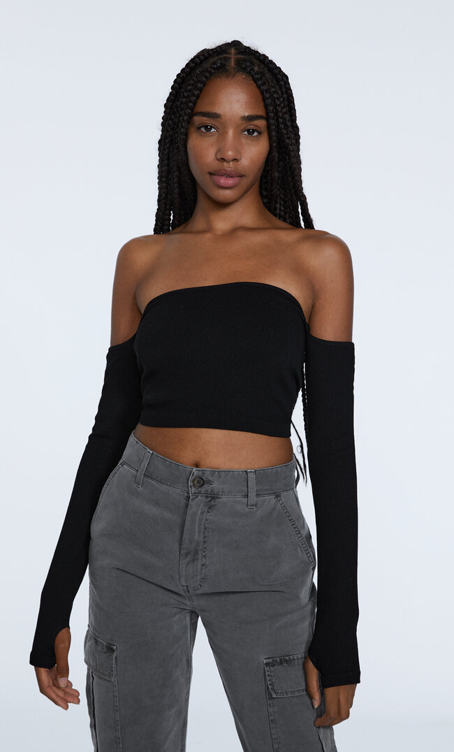 Stradivarius Schulterfreies Nahtloses Shirt Schwarz M