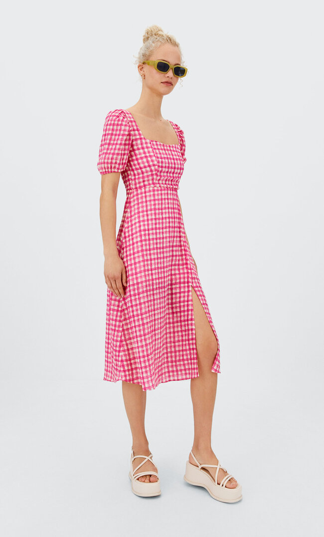 Stradivarius Midikleid Mit Vichykaros Fuchsia Xl