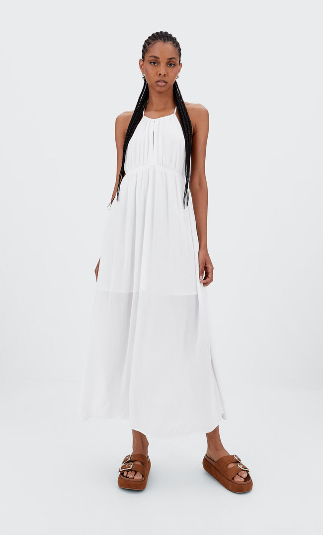Stradivarius Langes Trägerkleid Weiß M