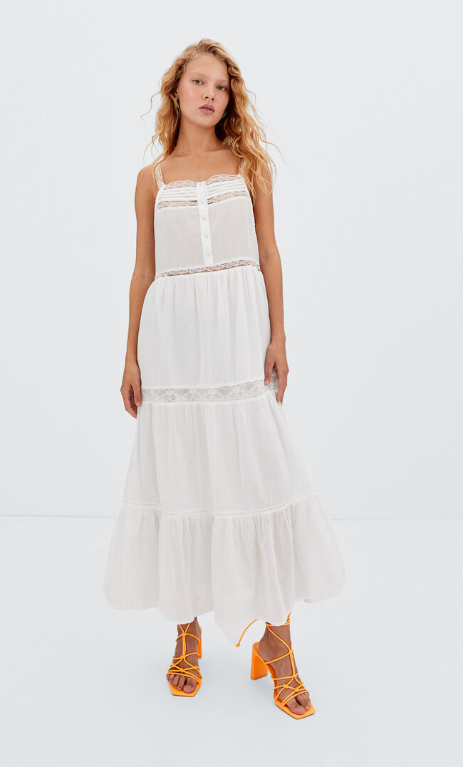Stradivarius Langes Trägerkleid Mit Knöpfen Weiß L