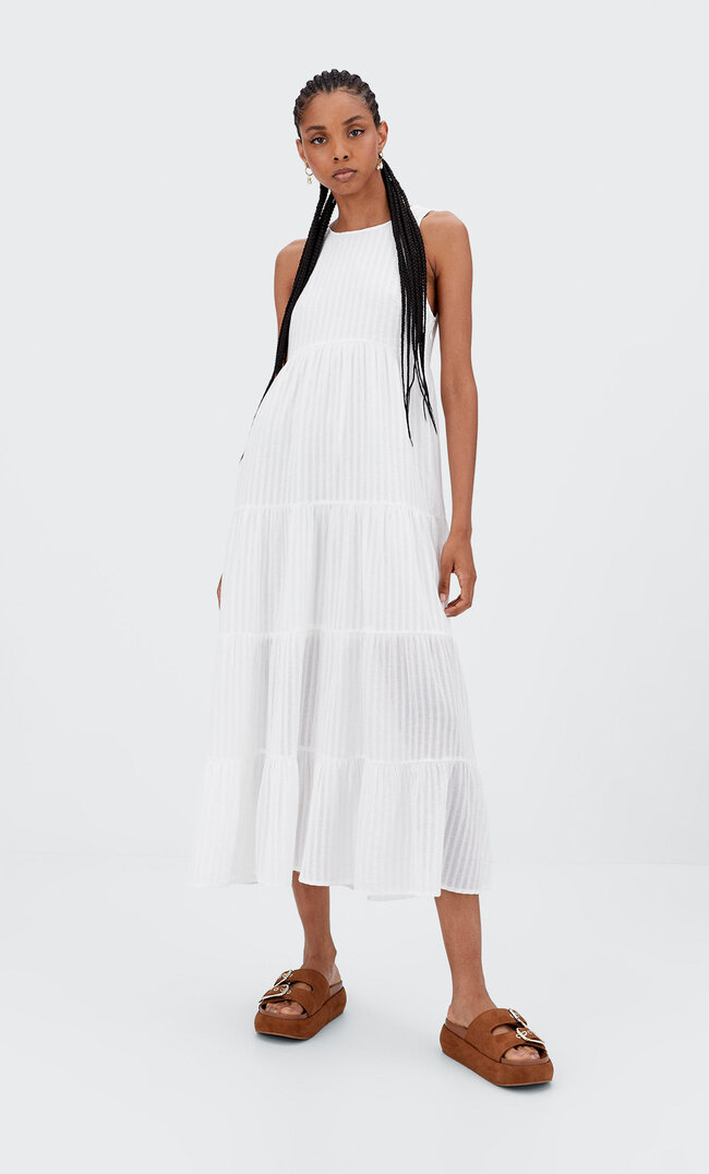 Stradivarius Long Round Neck Dress White M