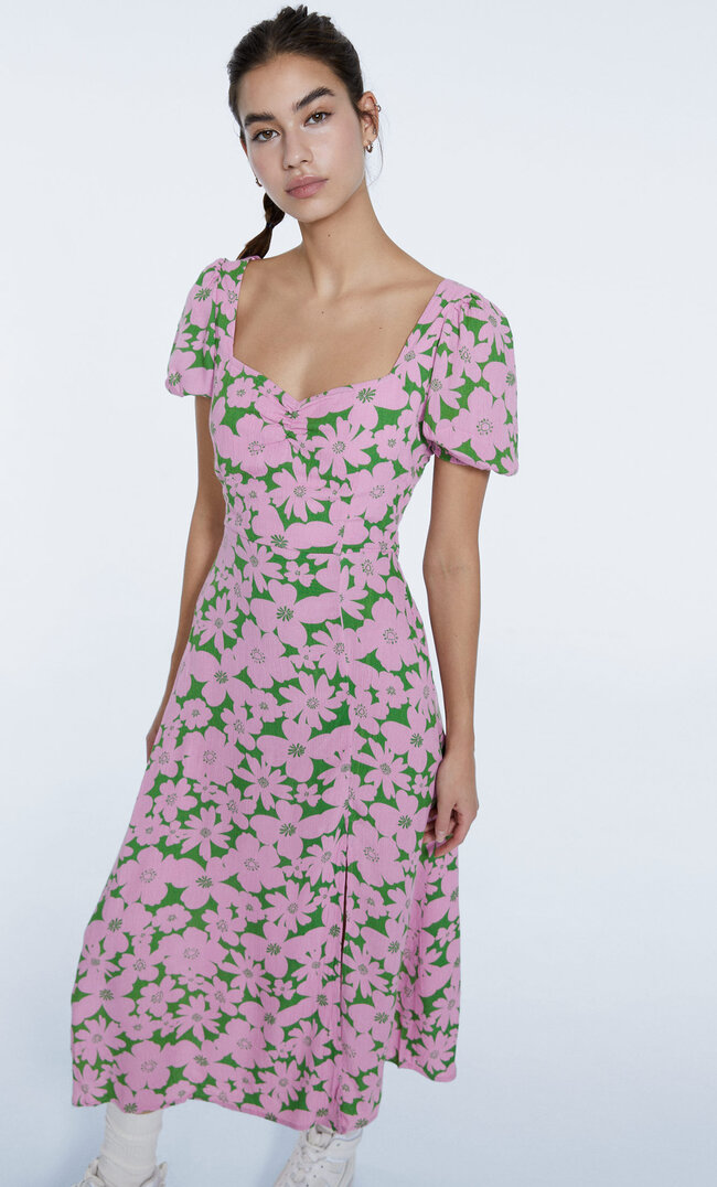Stradivarius Floral Dress With Slit Pink Xs