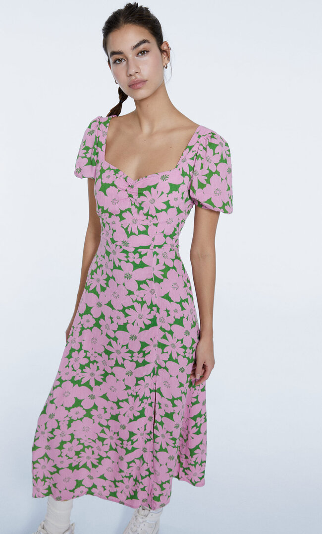 Stradivarius Geblümtes Kleid Mit Schlitz Rosa S