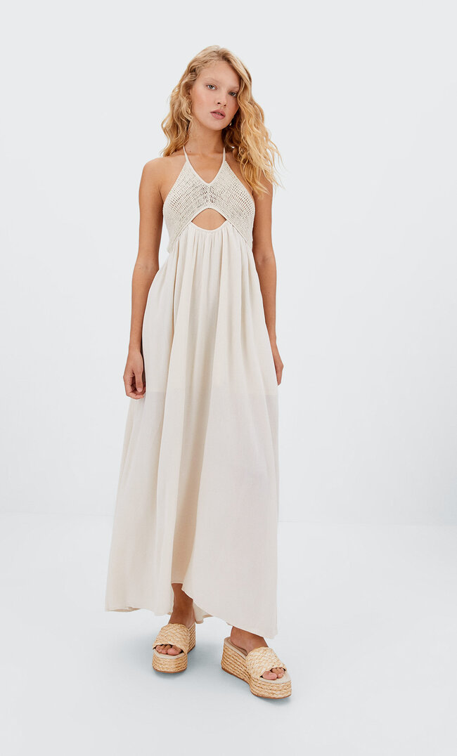 Stradivarius Häkelkleid Aus Zwei Materialien Vanille S