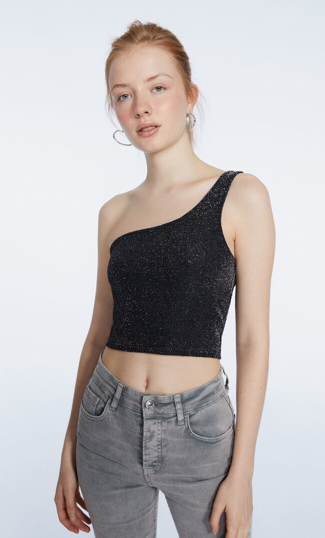 Stradivarius Asymmetrisches Glänzendes Top Schwarz L