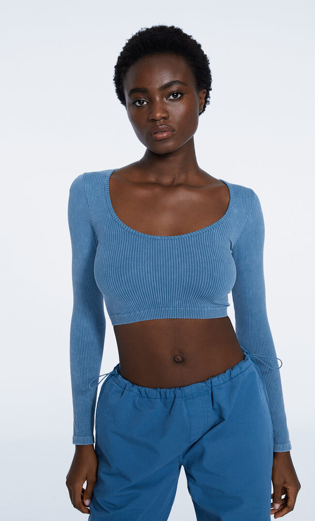 Stradivarius Nahtloses Cropped-Top Im Washed-Look Himmelblau Xxs