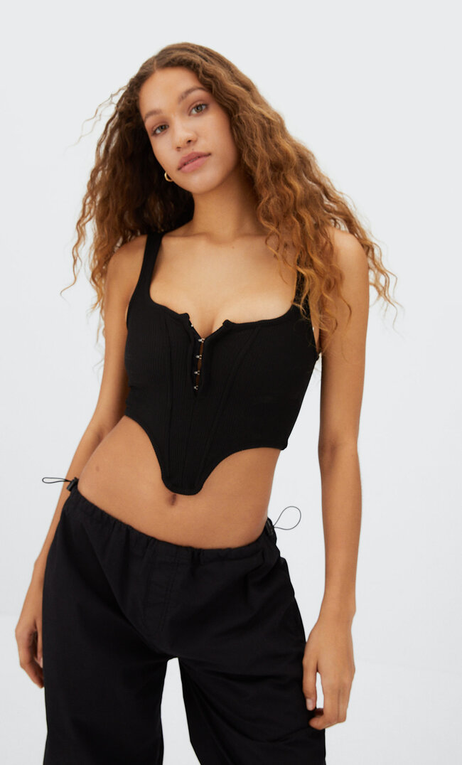 Stradivarius Corset Top With Hook-And-Eye Clasps Black L