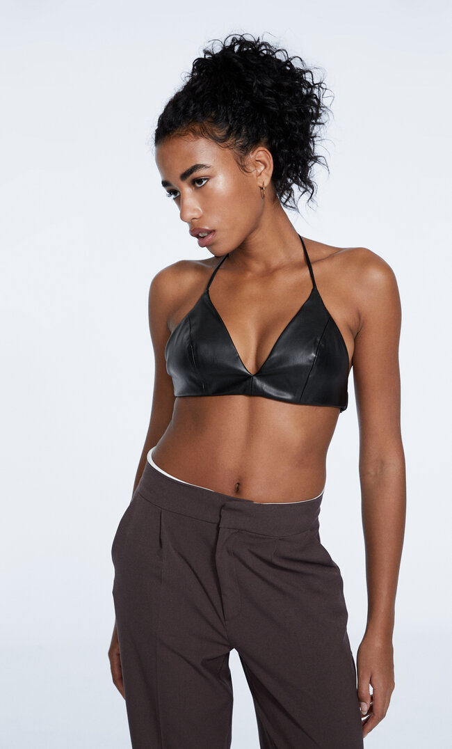 Stradivarius Top Bralette Ze Sztucznej Skóry Czarny M