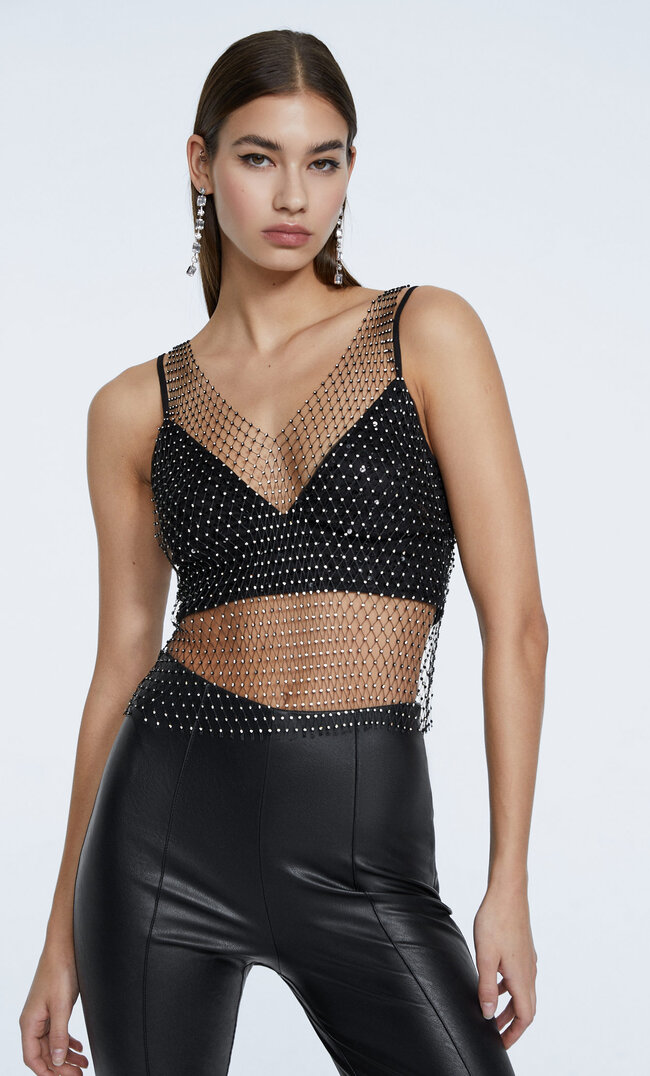 Stradivarius Krótki Top Z Cekinami Czarny S