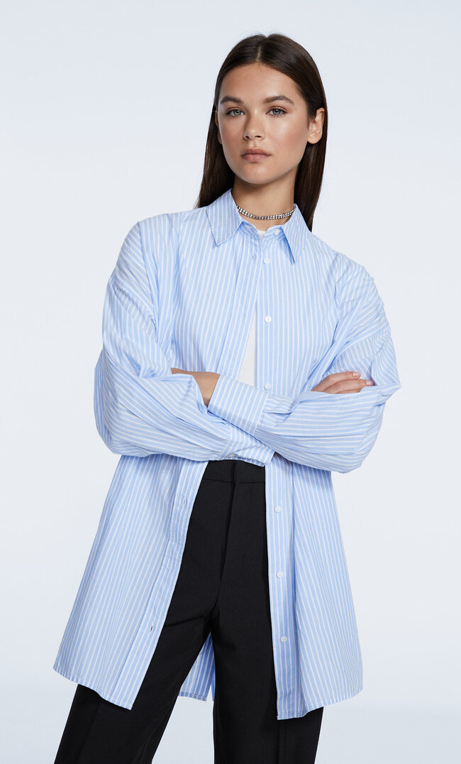 Stradivarius Striped Shirt With Back Buttons Sky Blue S